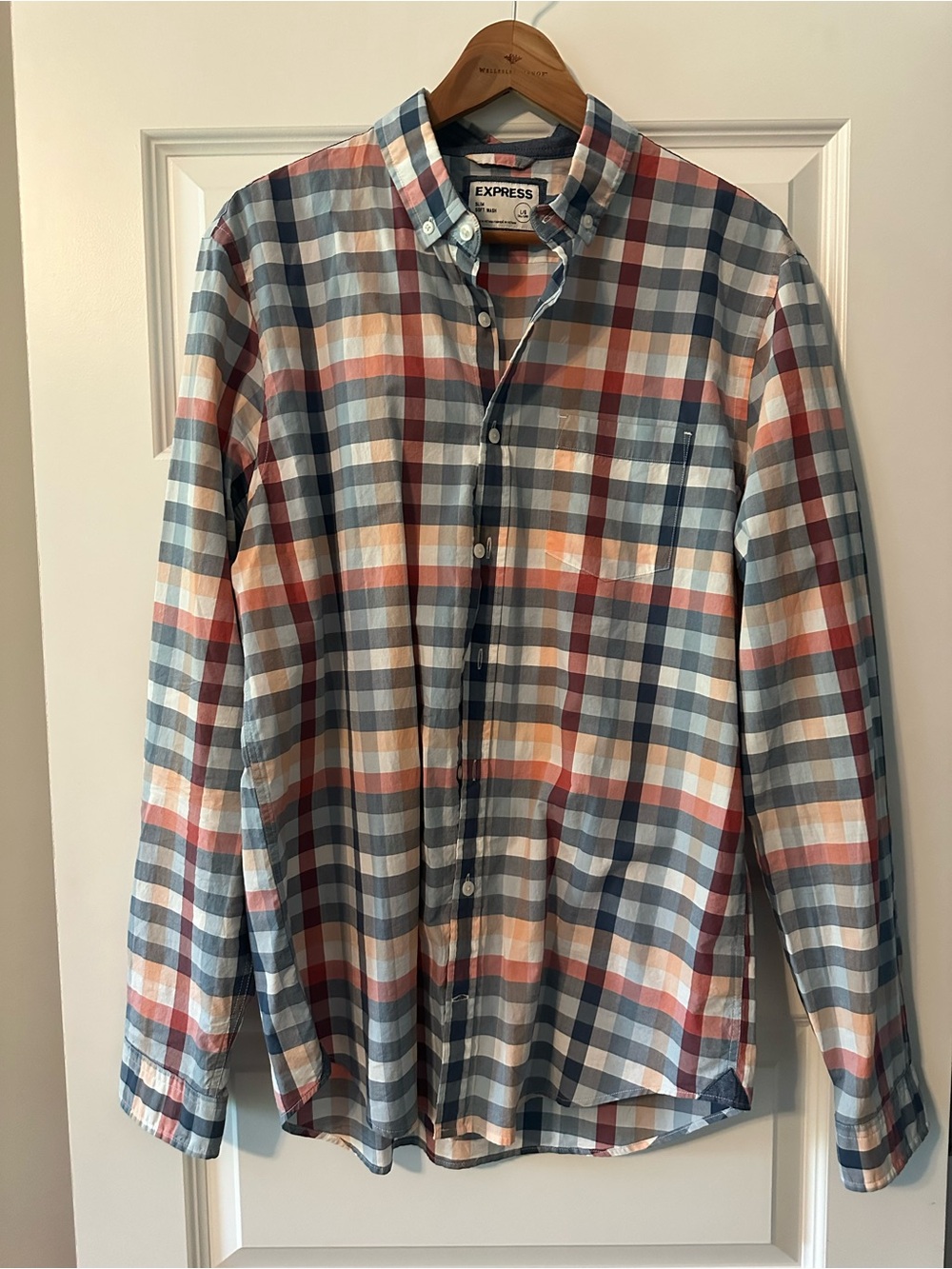 Express Plaid Button-Down Shirt in Blue, Coral, and White